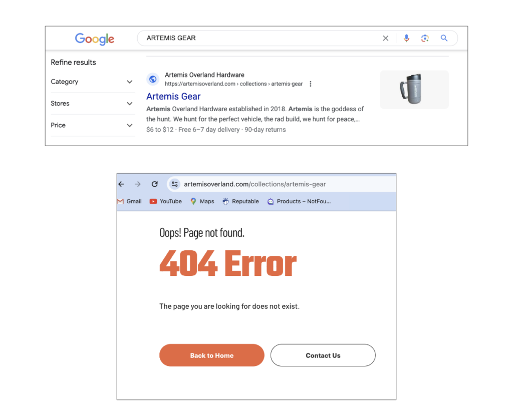 The Error Message That Results From Clicking a Broken Link in Google's Index